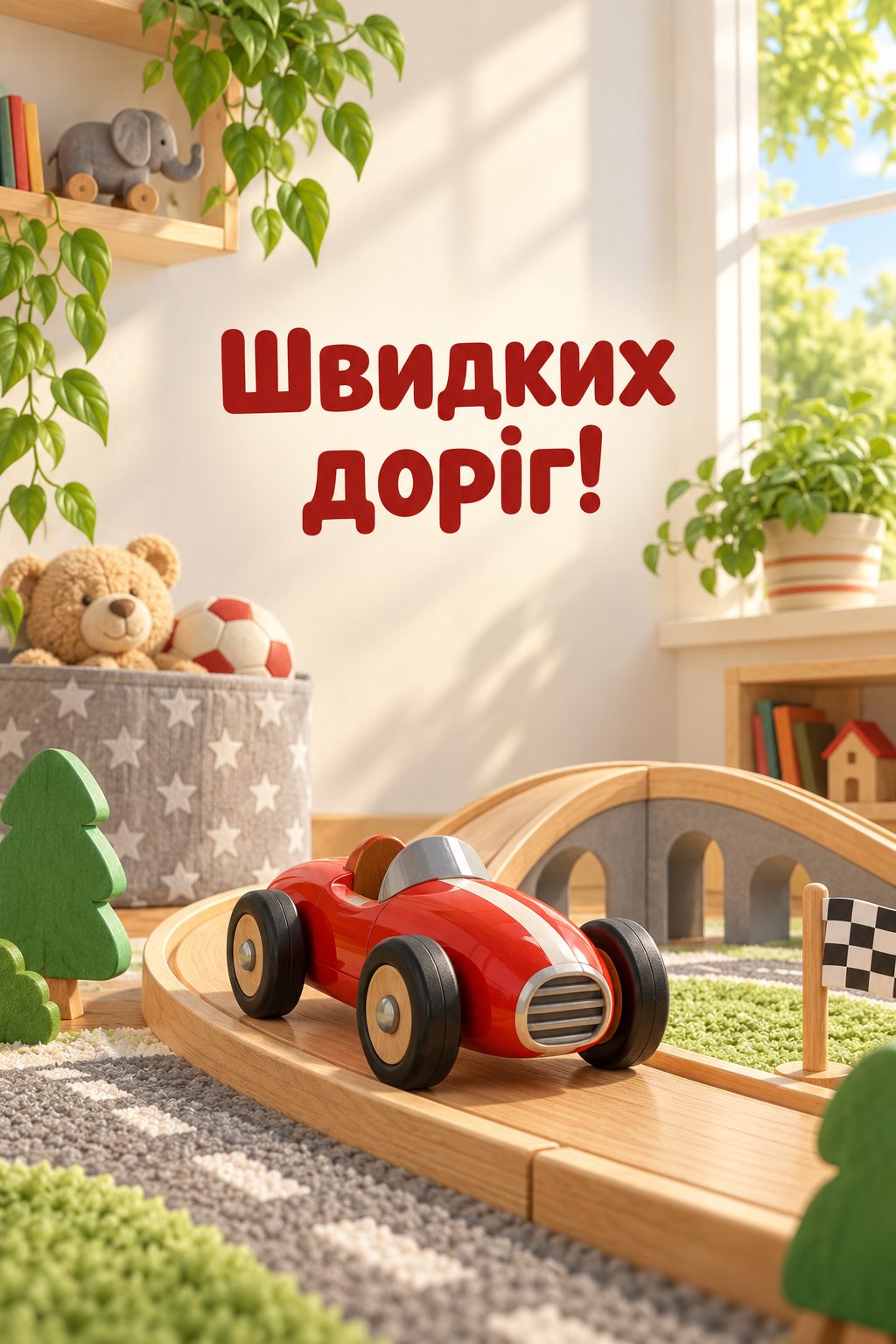 Листівка з днем народження хлопчику: червона дерев'яна гоночна машинка без номерів на треку, напис «Швидких доріг!»