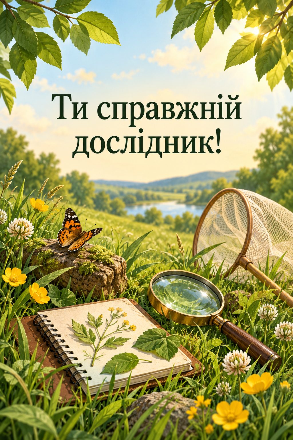 Листівка з днем народження хлопчику: лупа, листя, сачок і блокнот на траві, напис «Ти справжній дослідник!»