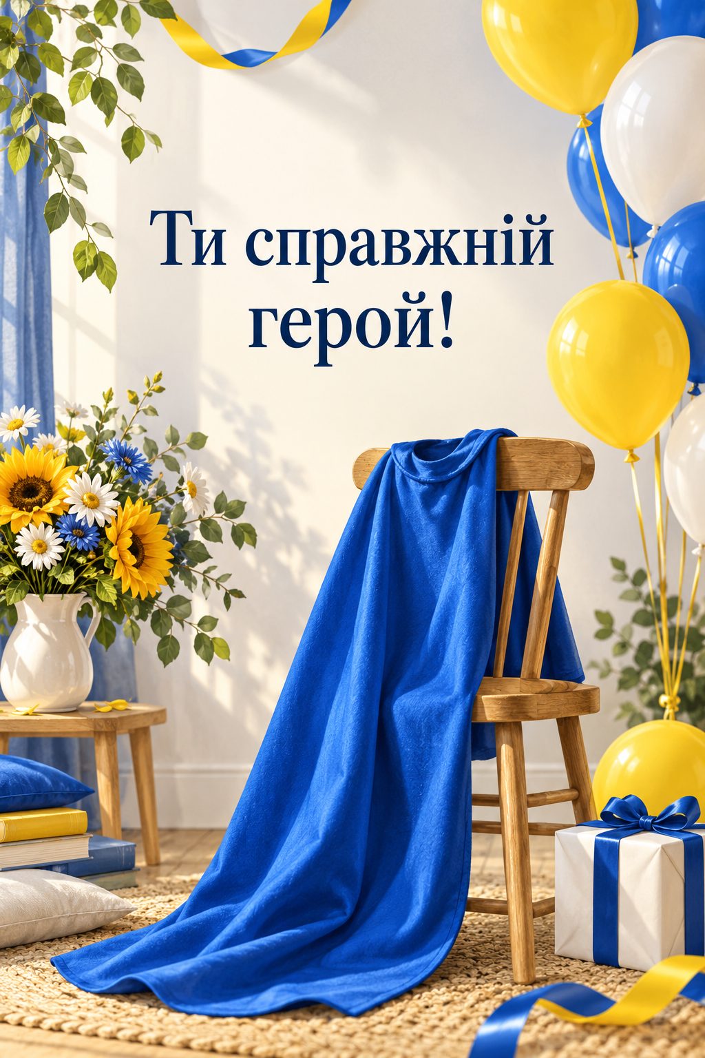 Листівка з днем народження хлопчику: синій іграшковий плащ без символів на стільці й кульки, напис «Ти справжній герой!»