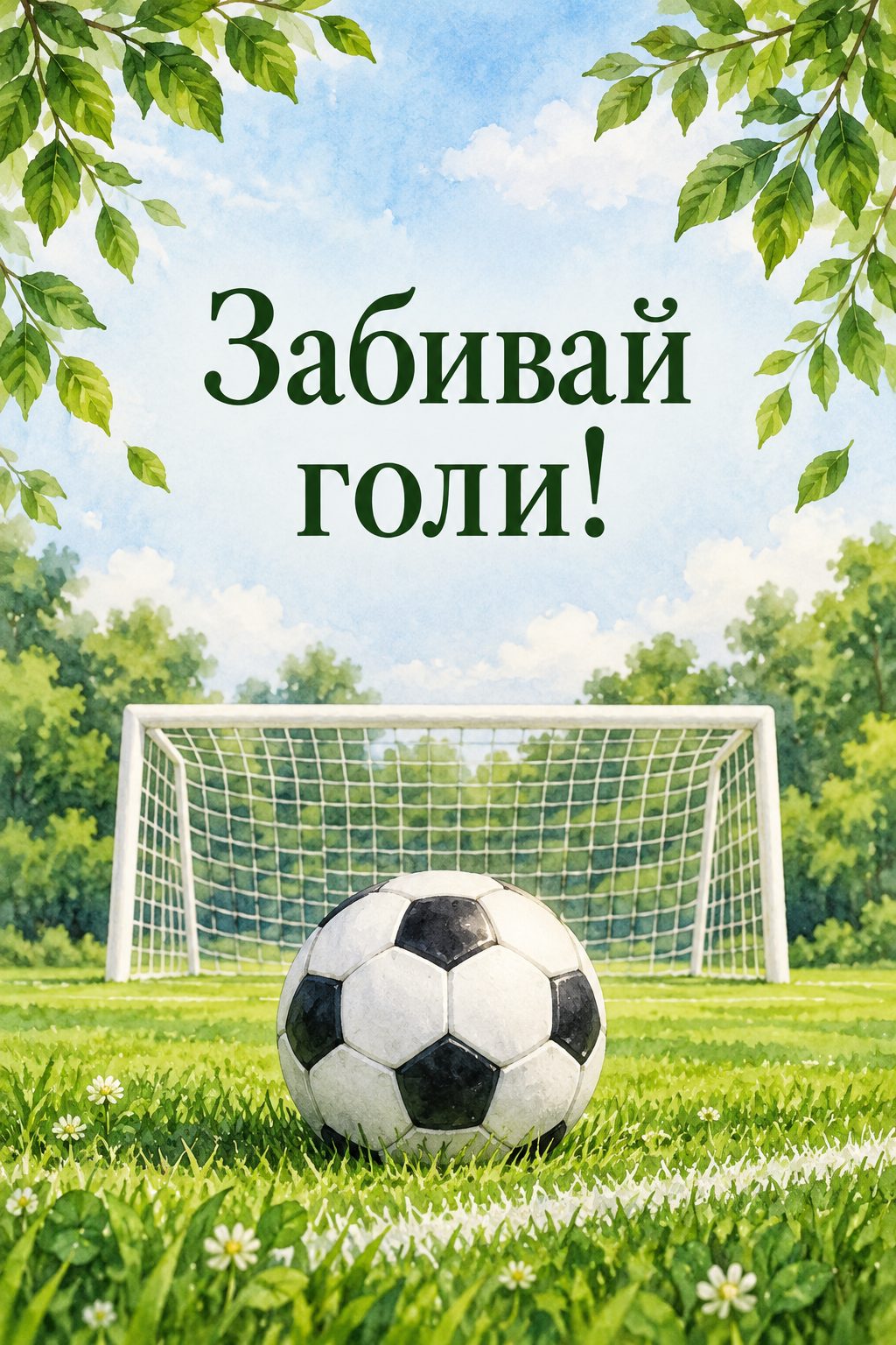 Листівка з днем народження хлопчику: футбольний м'яч перед воротами на зеленому газоні, напис «Забивай голи!»