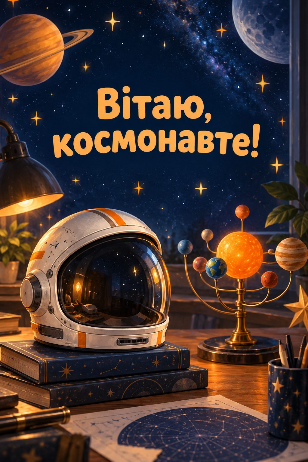 Листівка з днем народження хлопчику: іграшковий шолом космонавта й модель Сонячної системи, напис «Вітаю, космонавте!»