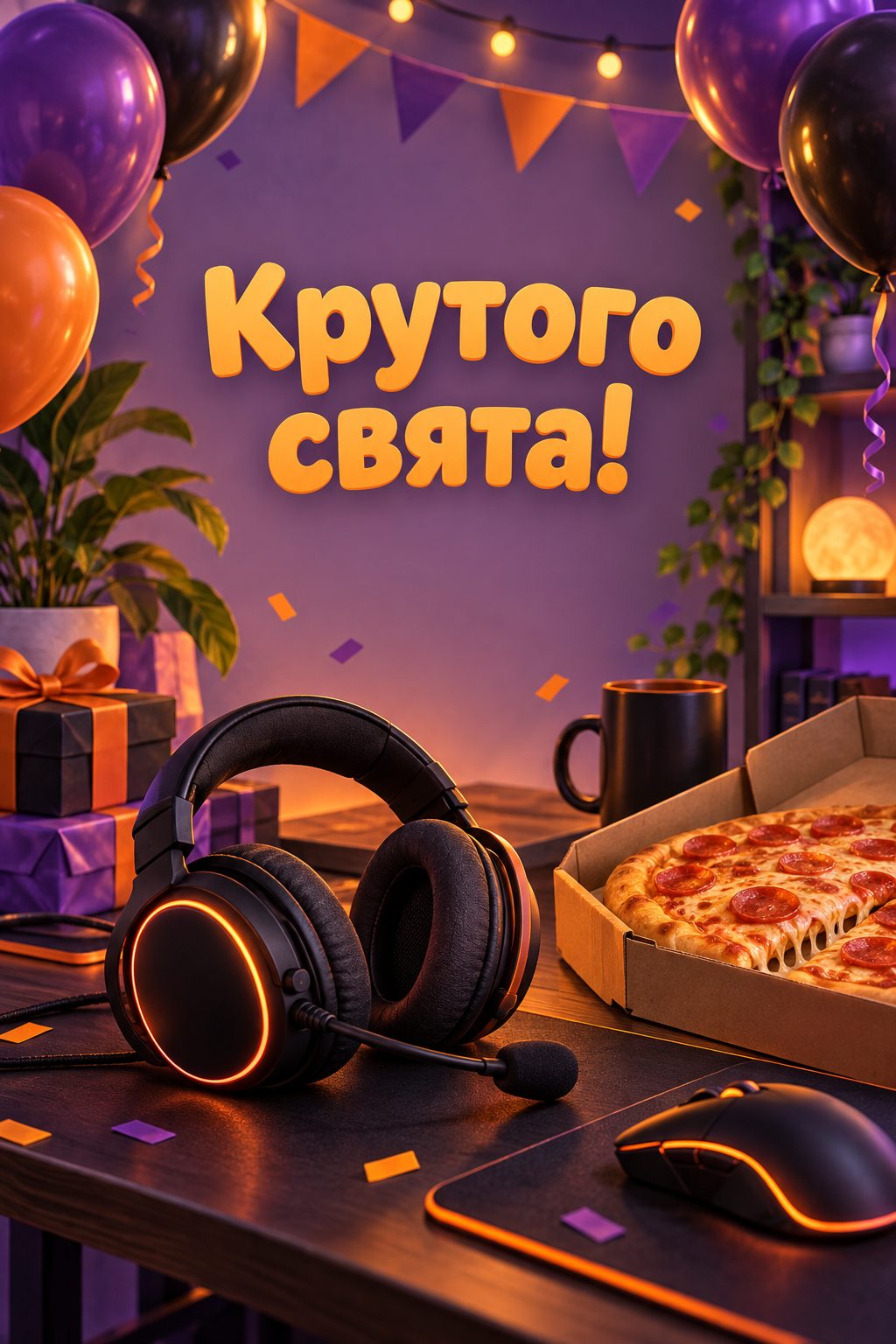 Листівка з днем народження хлопчику: ігрова гарнітура без логотипів, піца й кульки, напис «Крутого свята!»