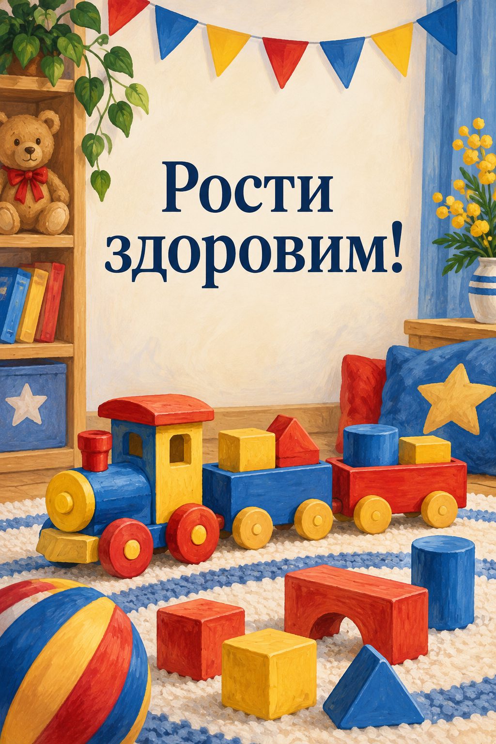 Листівка з днем народження хлопчику: різнокольорові дерев'яні кубики й іграшковий потяг, напис «Рости здоровим!»