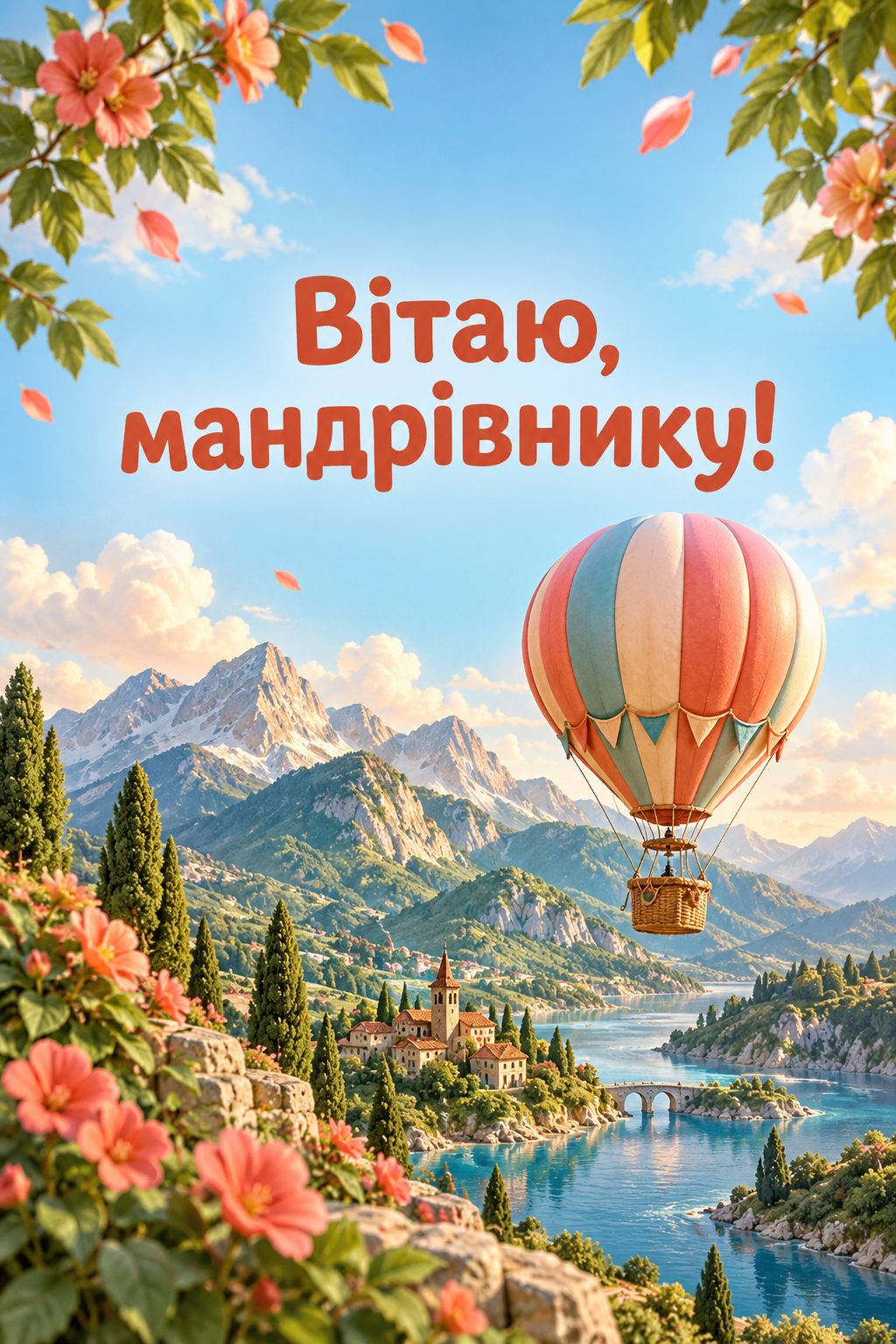 Листівка з днем народження хлопчику: іграшкова повітряна куля над макетом із горами, напис «Вітаю, мандрівнику!»
