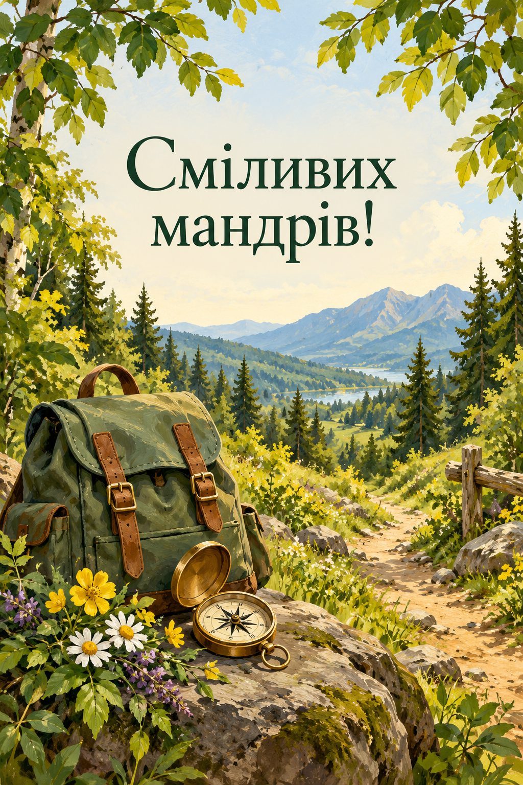 Листівка з днем народження хлопчику: маленький рюкзак, компас і лісова стежка влітку, напис «Сміливих мандрів!»