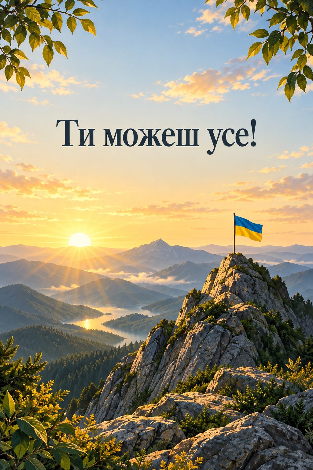 Листівка з днем народження хлопчику: гірська вершина на світанку з прапорцем, напис «Ти можеш усе!»