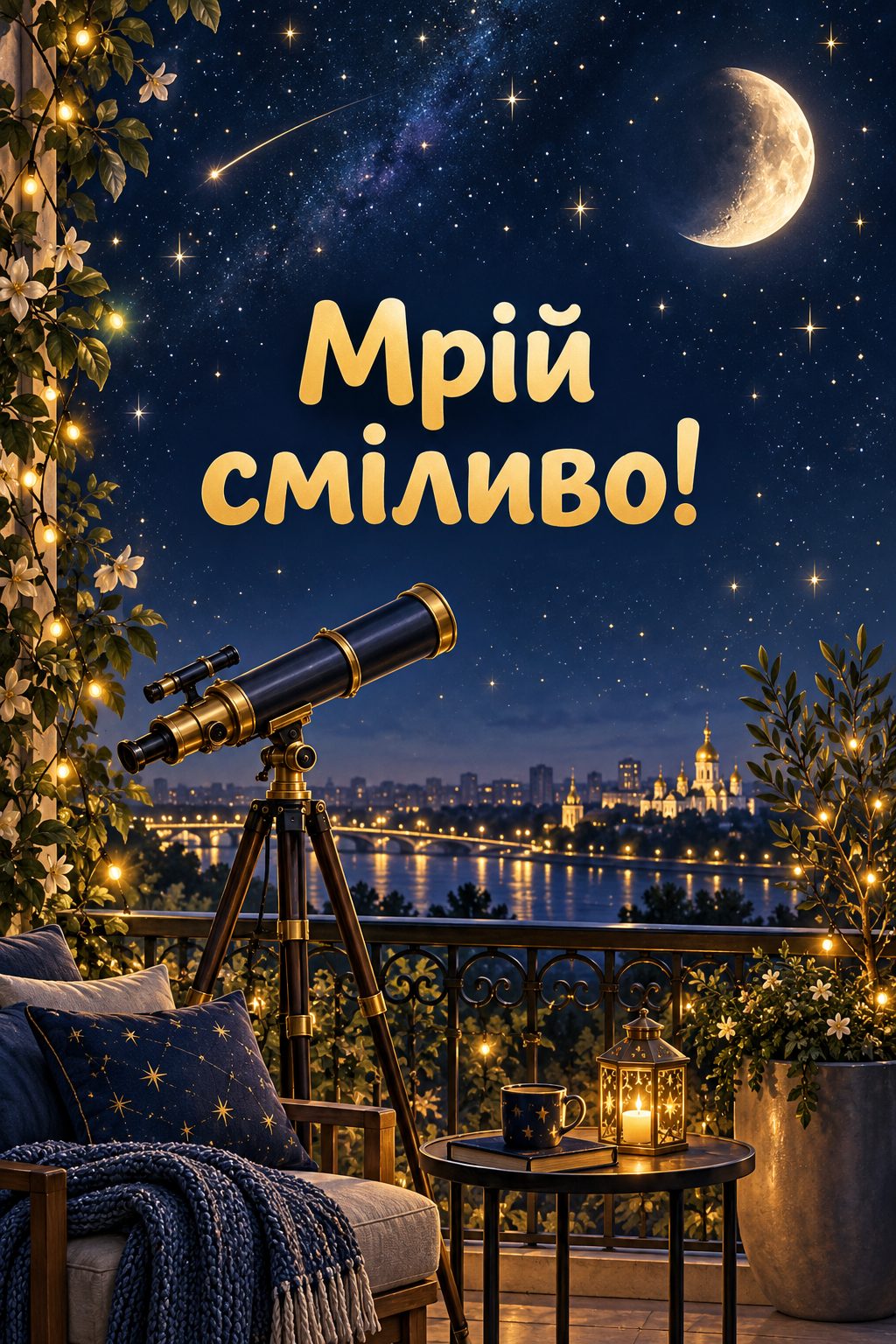 Листівка з днем народження хлопчику: телескоп на балконі, спрямований на місяць і зорі, напис «Мрій сміливо!»
