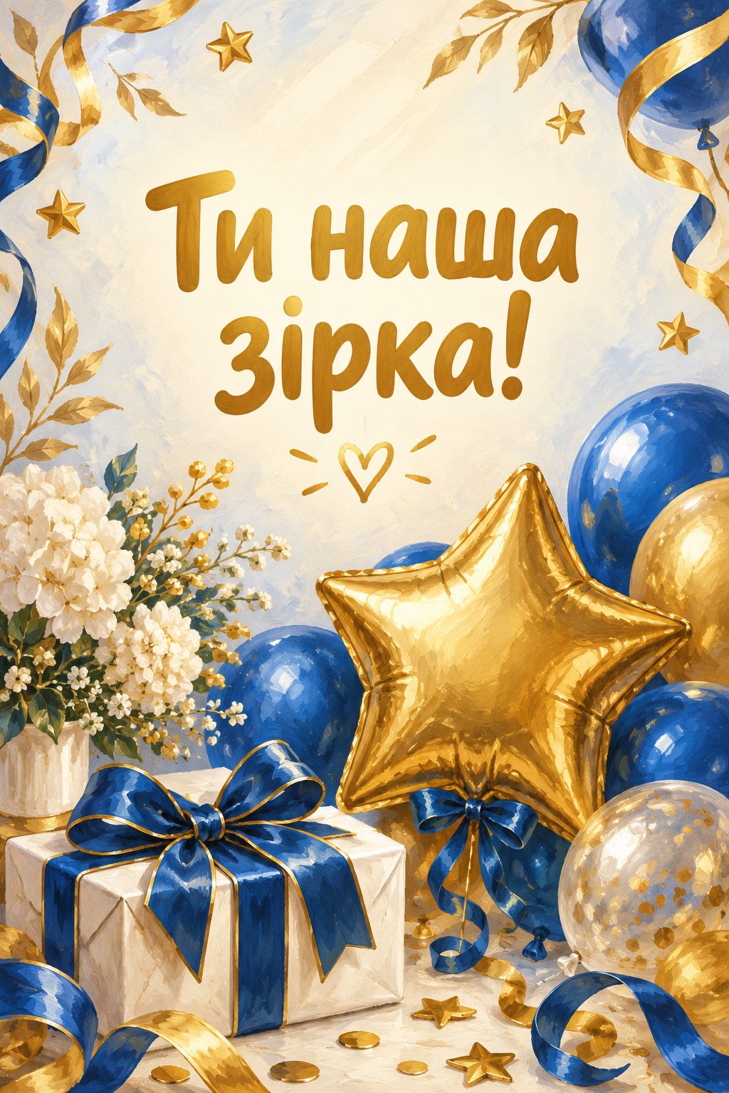 Листівка з днем народження хлопчику: золота кулька-зірка, сині кульки й подарунок, напис «Ти наша зірка!»