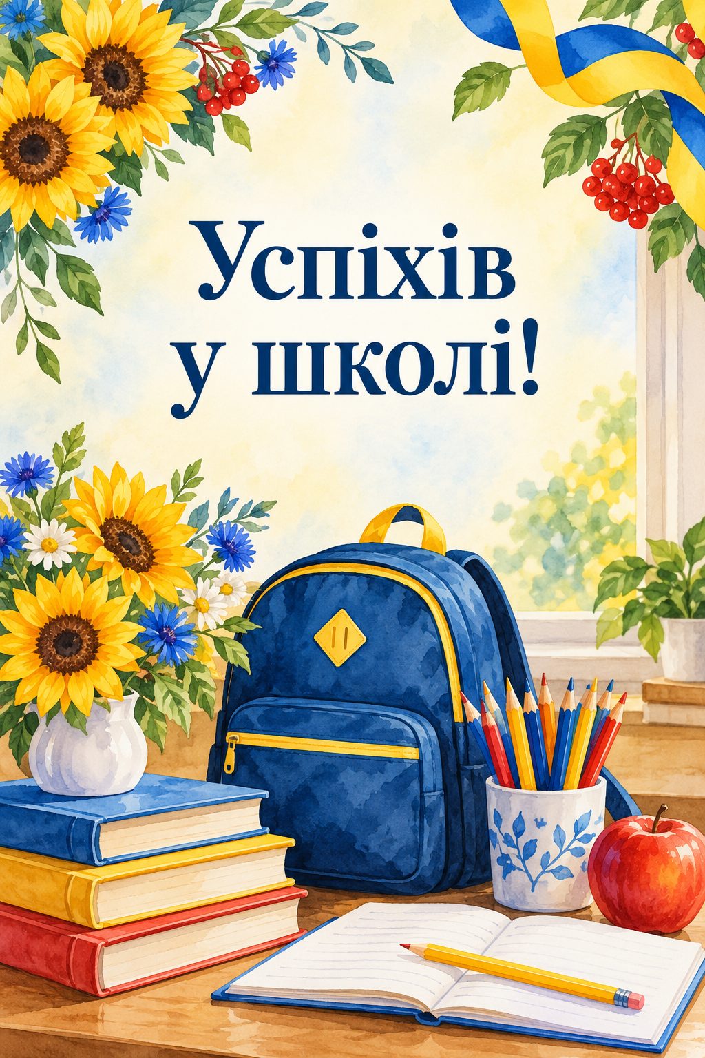 Листівка з днем народження хлопчику: шкільний рюкзак, книжки й кольорові олівці на столі, напис «Успіхів у школі!»