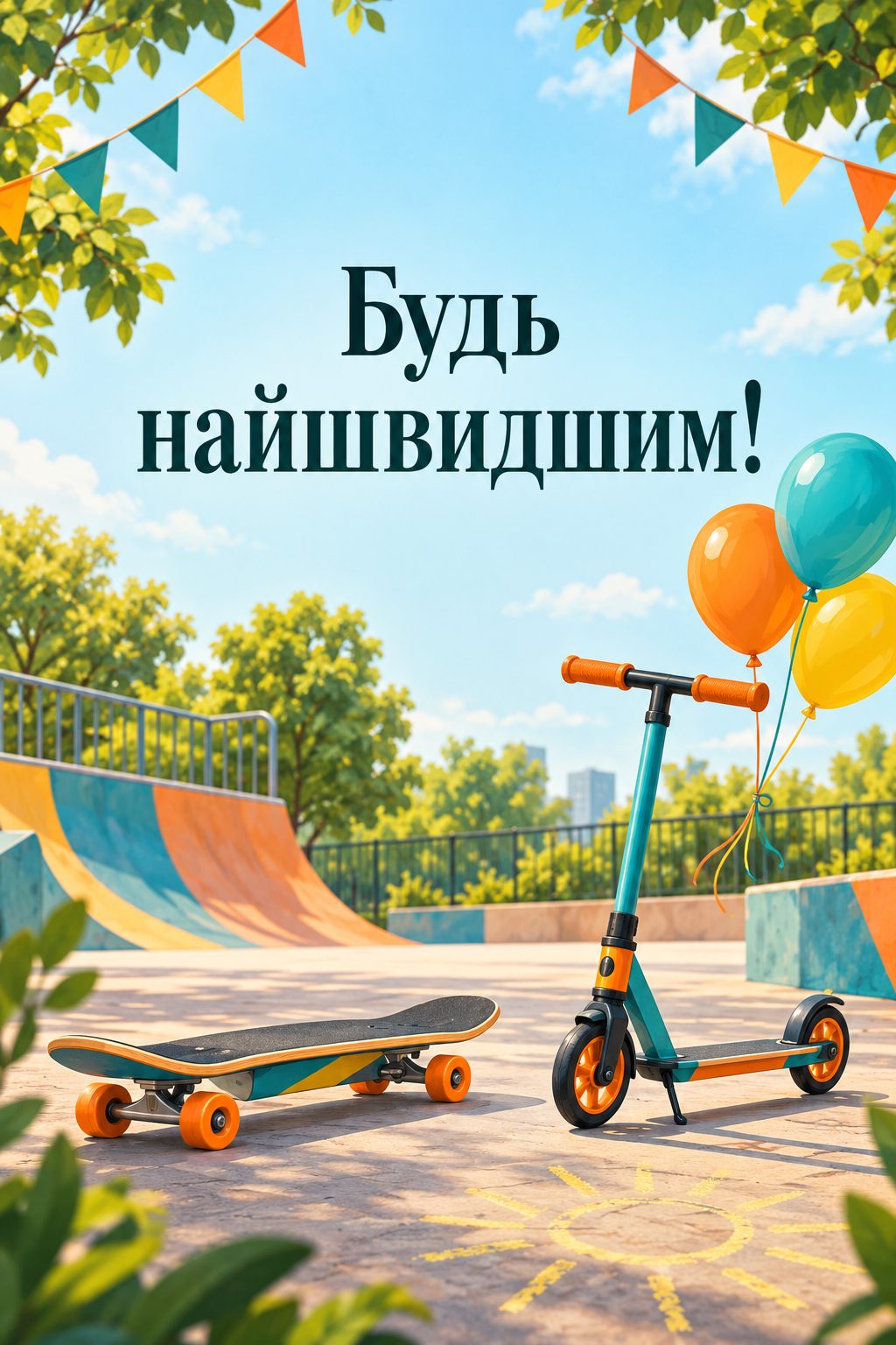 Листівка з днем народження хлопчику: скейтборд і самокат з кульками на майданчику, напис «Будь найшвидшим!»