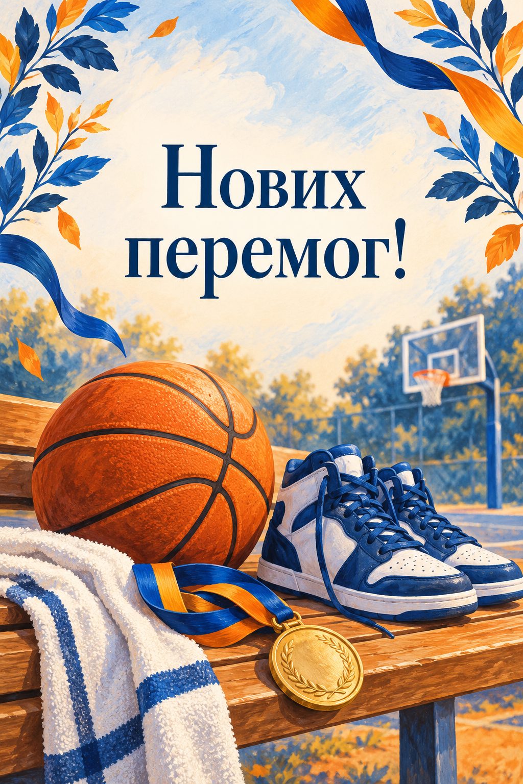 Листівка з днем народження хлопчику: баскетбольний м'яч, кросівки без логотипів і медаль, напис «Нових перемог!»