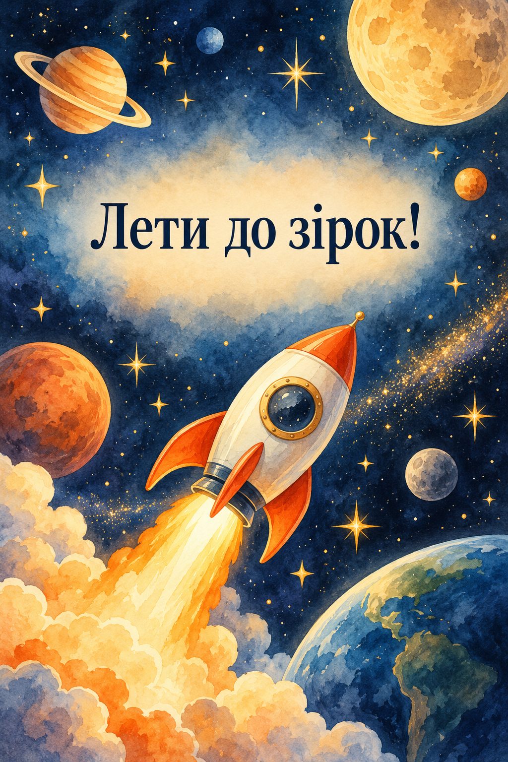 Листівка з днем народження хлопчику: іграшкова ракета серед зірок і планет, напис «Лети до зірок!»