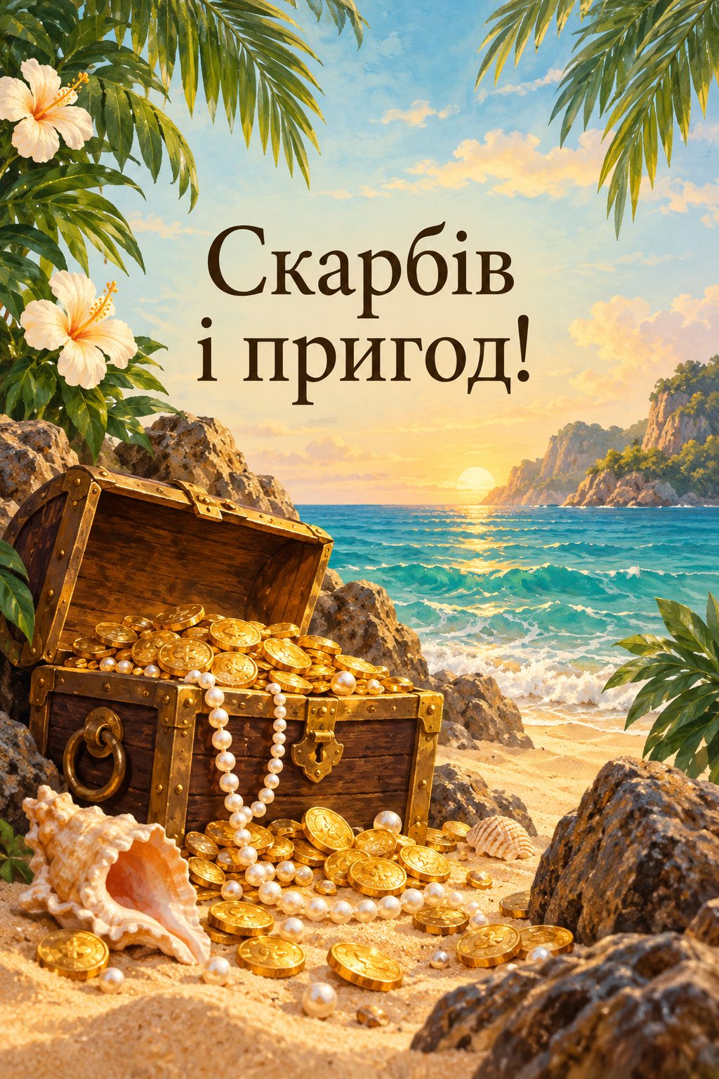 Листівка з днем народження хлопчику: відкрита скриня з золотими монетами й перлами на піску, напис «Скарбів і пригод!»