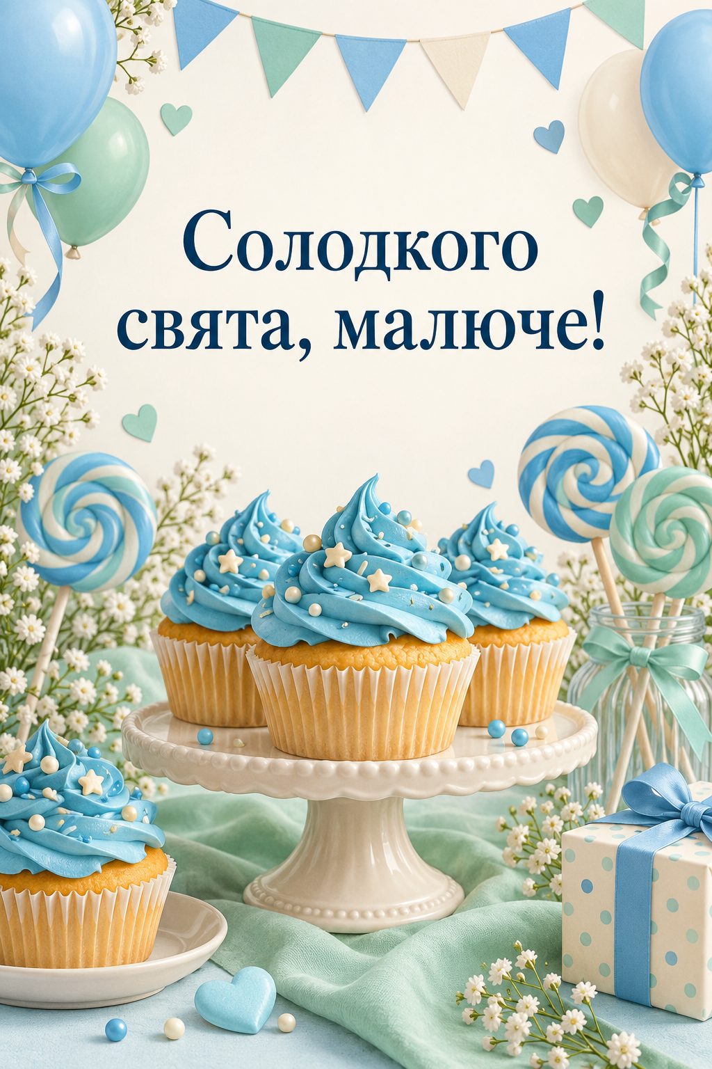 Листівка з днем народження хлопчику: капкейки з блакитним кремом і льодяники, напис «Солодкого свята, малюче!»