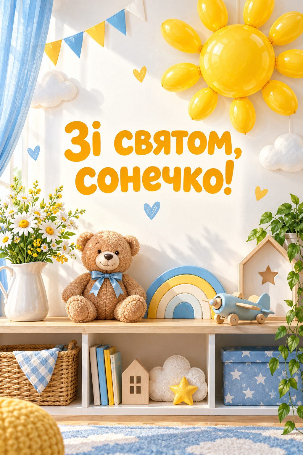 Листівка з днем народження хлопчику: кульки у формі сонця над поличкою з іграшками, напис «Зі святом, сонечко!»