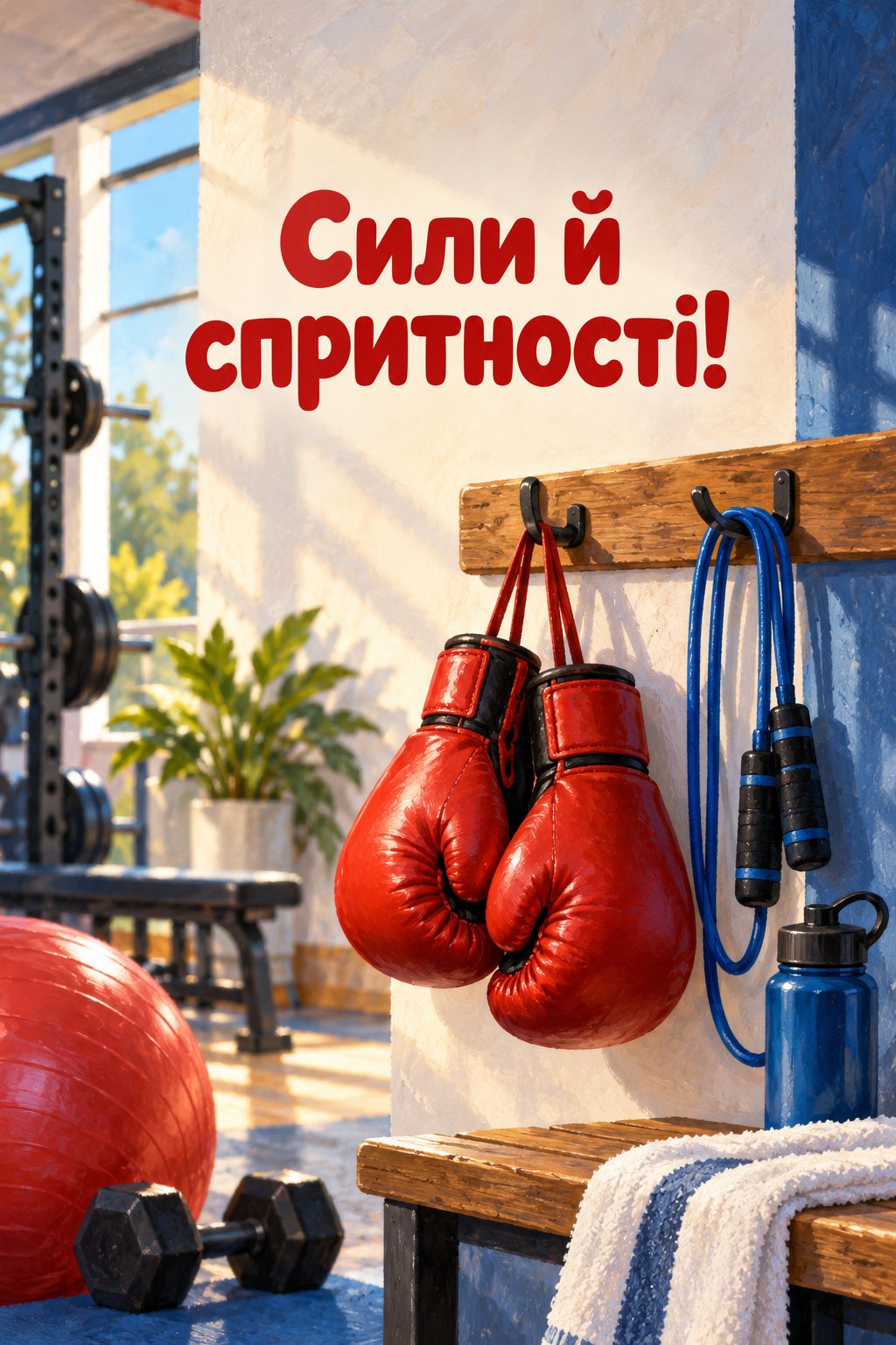 Листівка з днем народження хлопчику: боксерські рукавички без логотипів, скакалка й пляшка води, напис «Сили й спритності!»