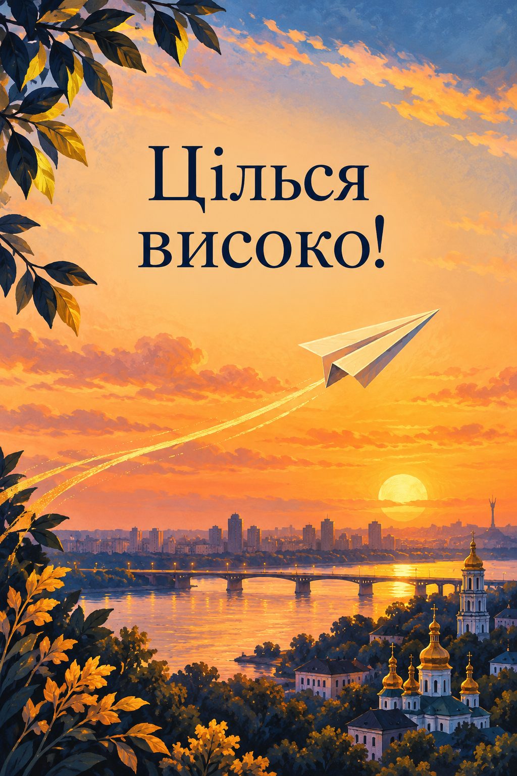 Листівка з днем народження хлопчику: паперовий літачок над містом на заході сонця, напис «Цілься високо!»