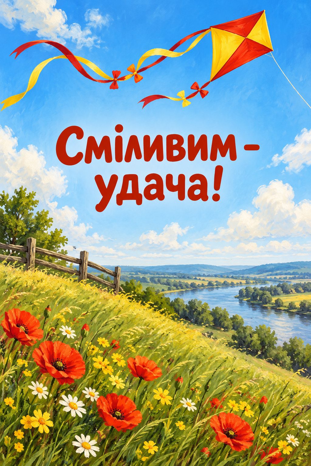 Листівка з днем народження хлопчику: повітряний змій над зеленим пагорбом, напис «Сміливим - удача!»