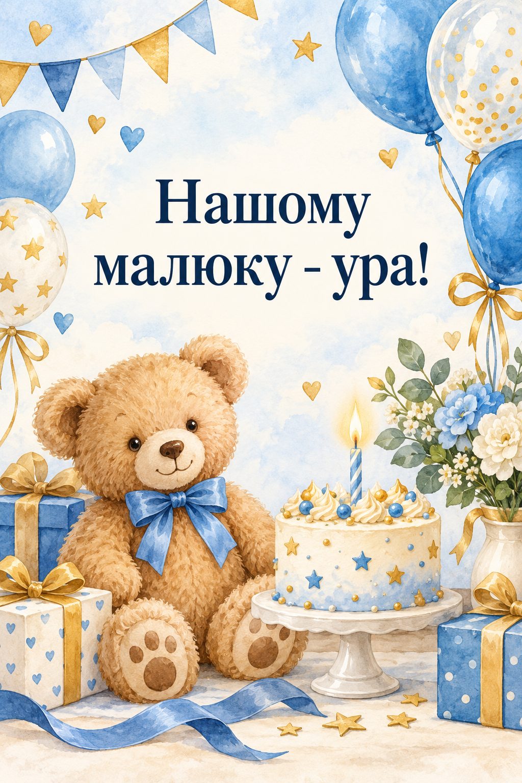 Листівка з днем народження хлопчику: плюшевий ведмедик, блакитні кульки й тортик зі свічкою, напис «Нашому малюку - ура!»