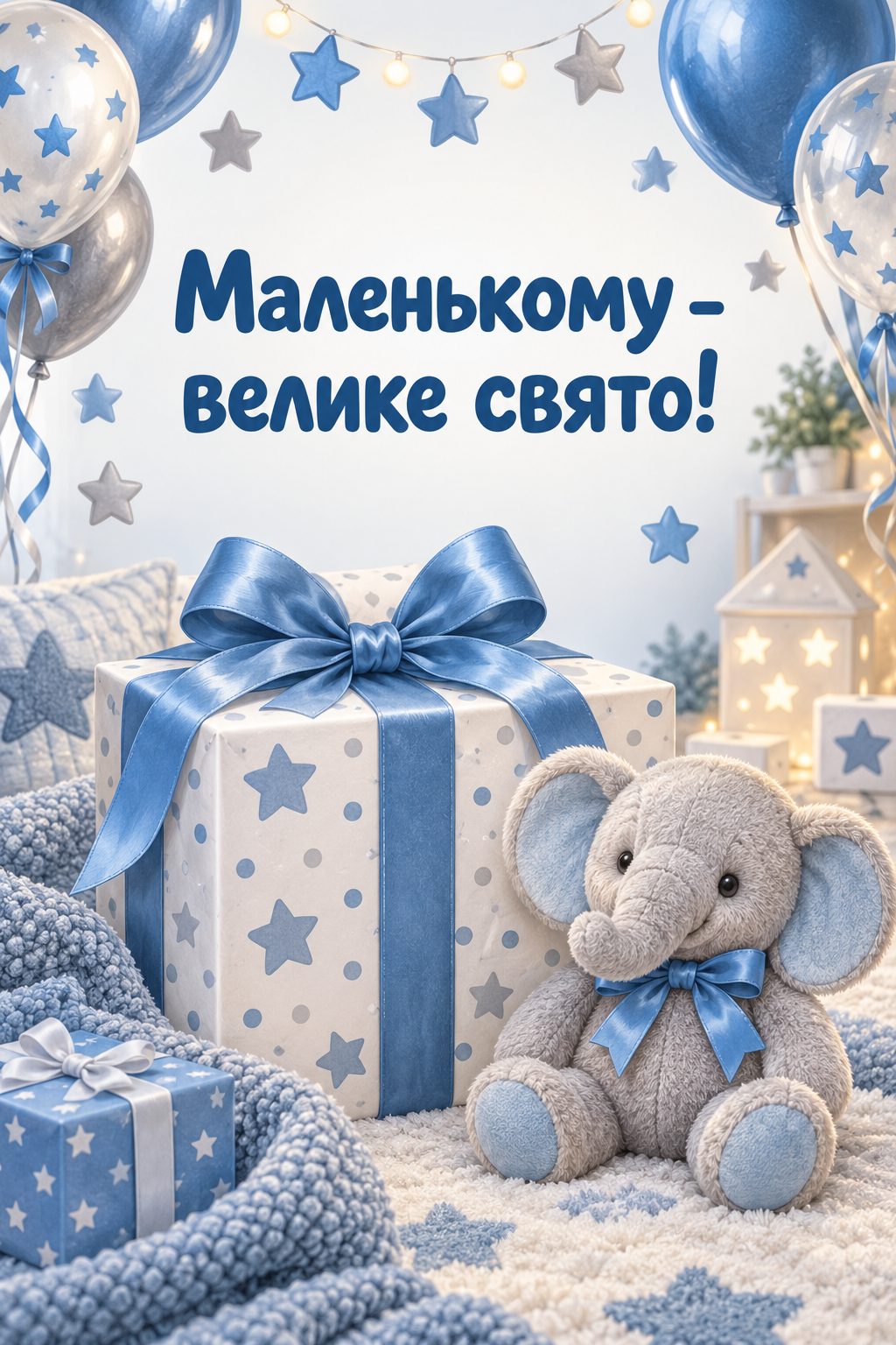 Листівка з днем народження хлопчику: великий подарунок із синім бантом і плюшеве слоненя, напис «Маленькому - велике свято!»