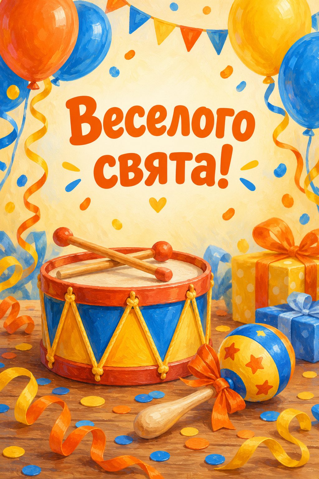 Листівка з днем народження хлопчику: іграшковий барабан, брязкальце, конфеті й кульки, напис «Веселого свята!»