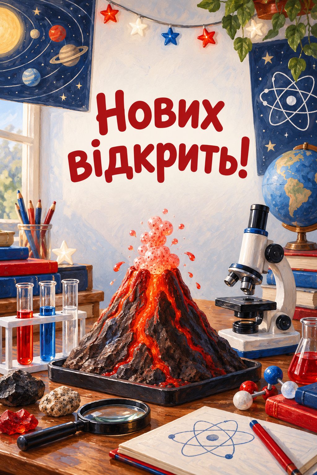Листівка з днем народження хлопчику: модель вулкана, пробірки й іграшковий мікроскоп, напис «Нових відкрить!»