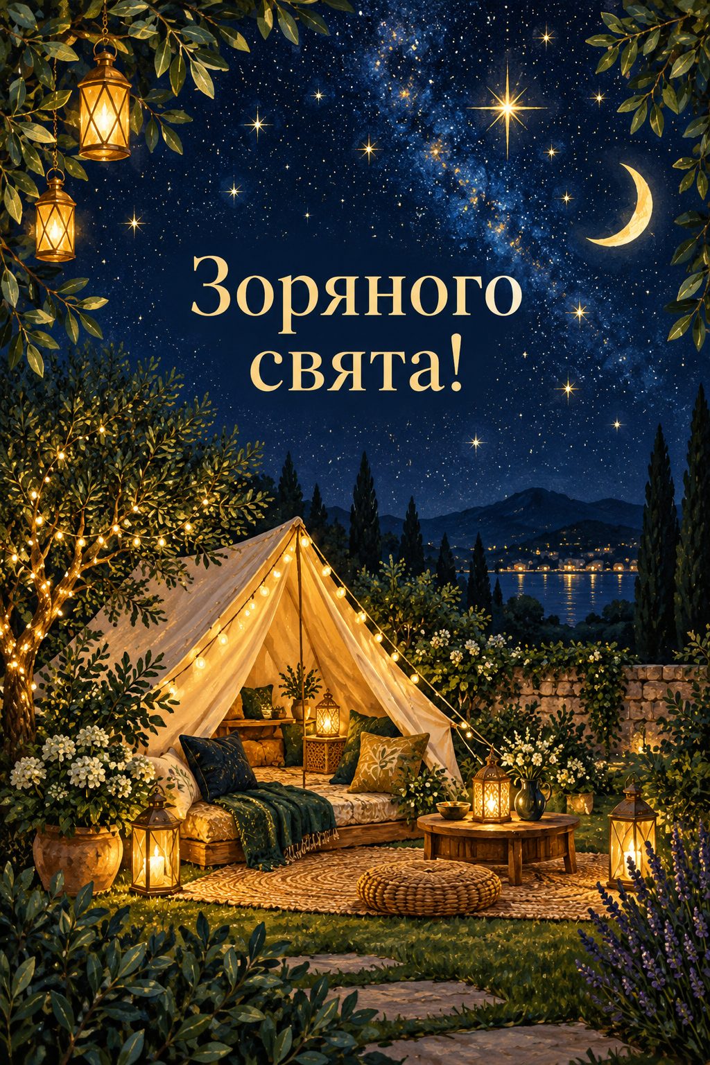 Листівка з днем народження хлопчику: зоряне небо над наметом із гірляндою в саду, напис «Зоряного свята!»