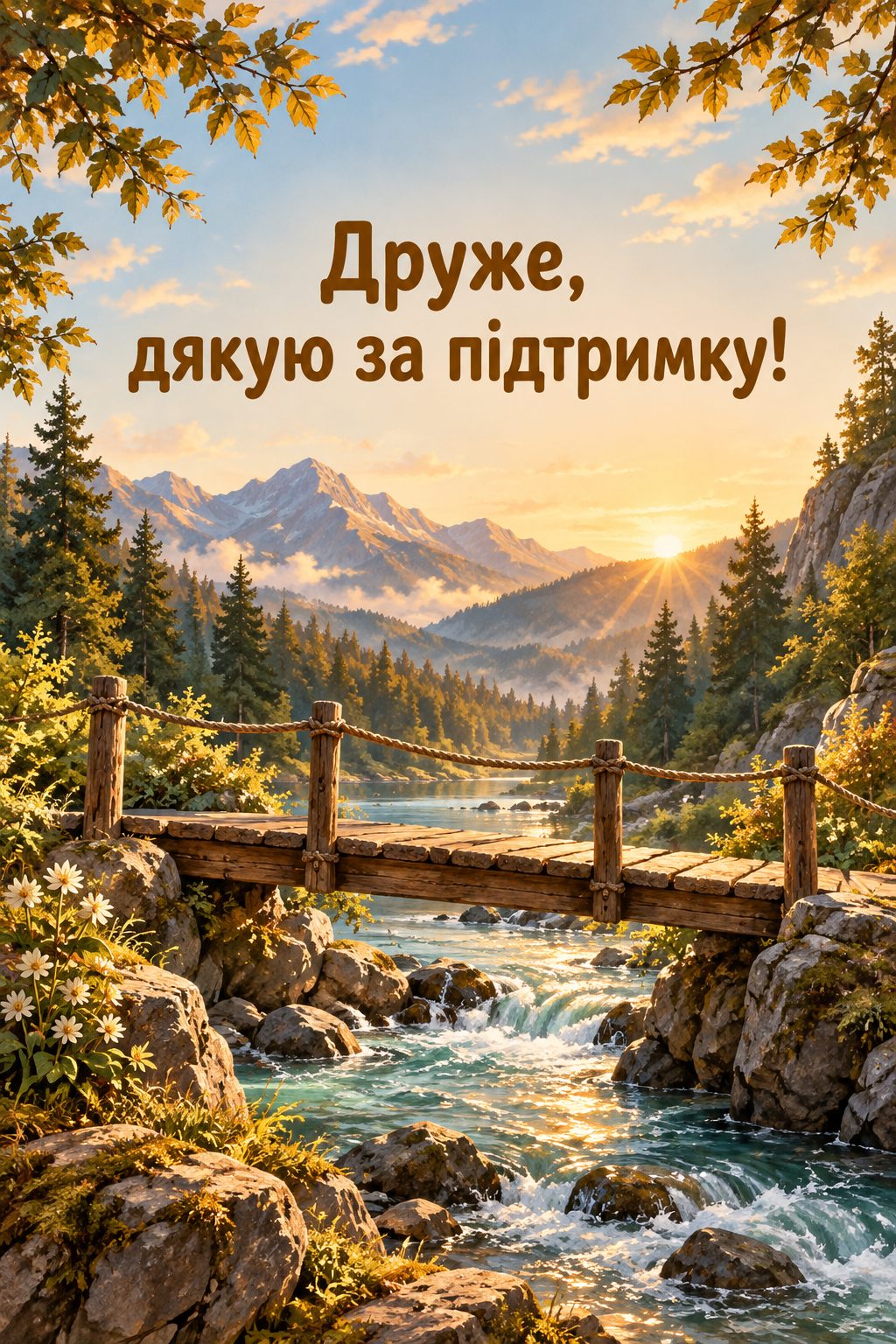 Листівка з днем народження хлопцю: дерев'яний місток над гірською річкою, напис «Друже, дякую за підтримку!»