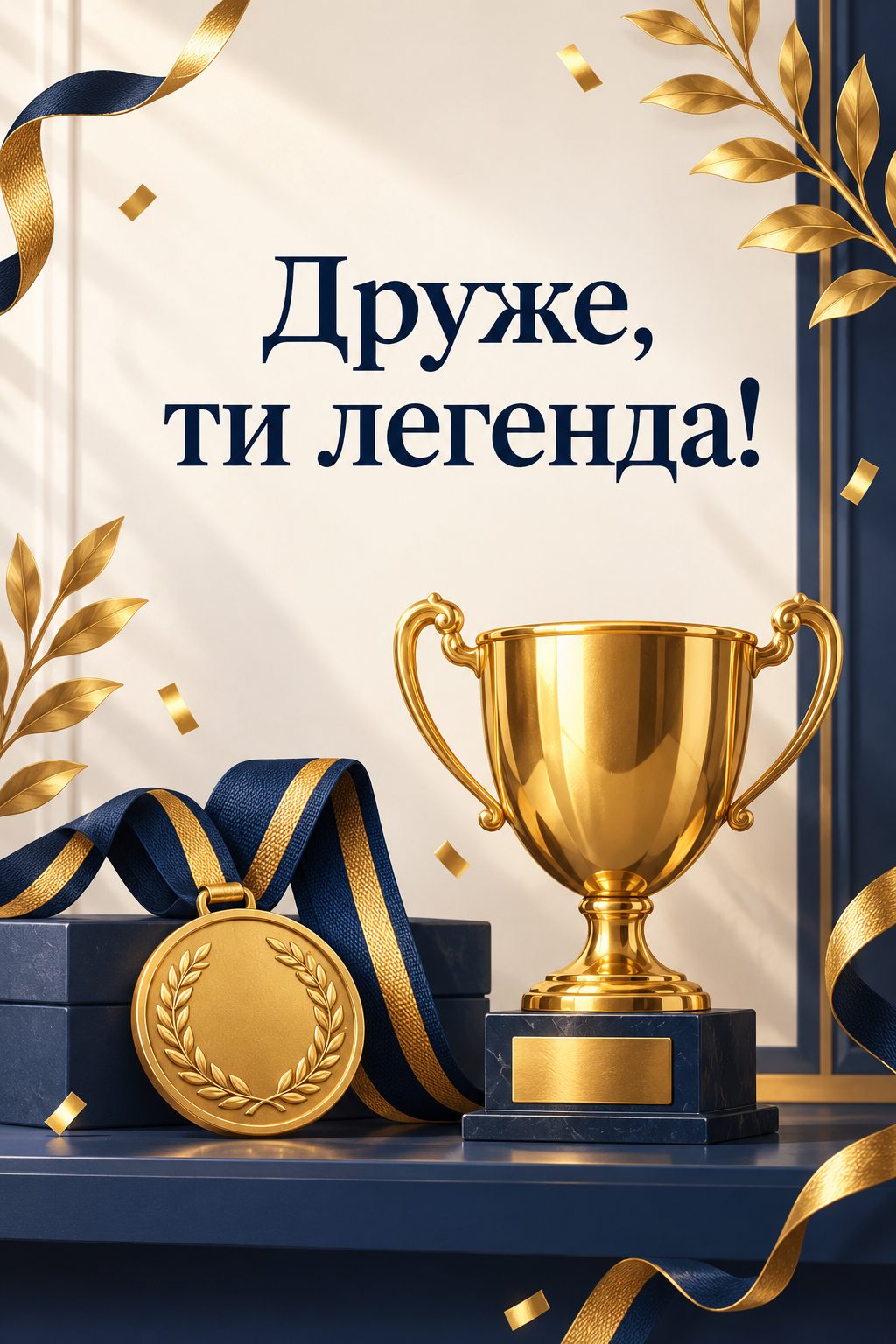 Листівка з днем народження хлопцю: золота медаль і кубок на полиці, напис «Друже, ти легенда!»