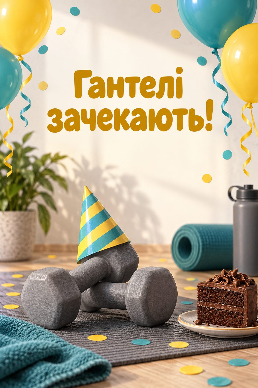 Листівка з днем народження хлопцю: гантелі у святковому ковпачку й шматок торта, напис «Гантелі зачекають!»