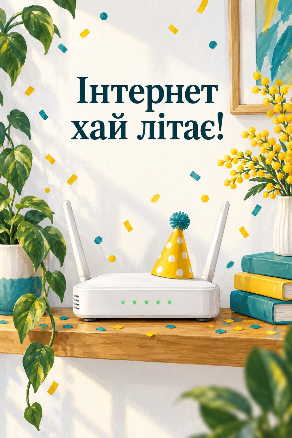 Листівка з днем народження хлопцю: роутер у святковому ковпачку й конфеті, напис «Інтернет хай літає!»