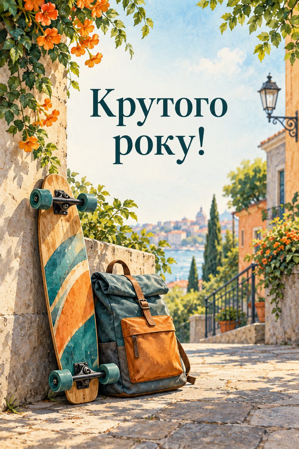 Листівка з днем народження хлопцю: лонгборд і рюкзак біля стіни на сонячній вулиці, напис «Крутого року!»