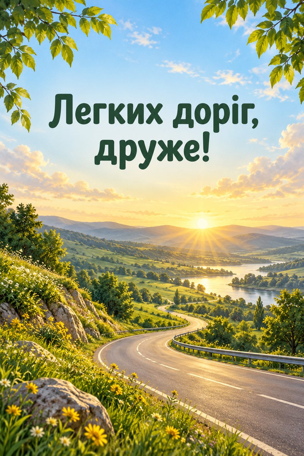 Листівка з днем народження хлопцю: звивиста дорога серед зелених пагорбів на світанку, напис «Легких доріг, друже!»