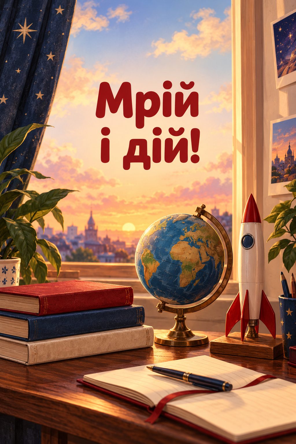 Листівка з днем народження хлопцю: модель ракети, глобус і книжки на столі, напис «Мрій і дій!»