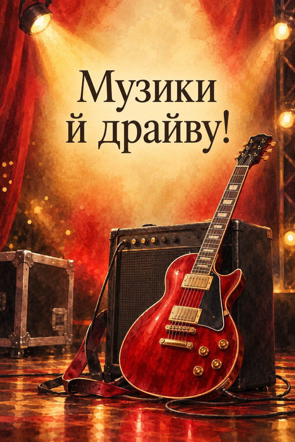 Листівка з днем народження хлопцю: електрогітара біля підсилювача у світлі софітів, напис «Музики й драйву!»