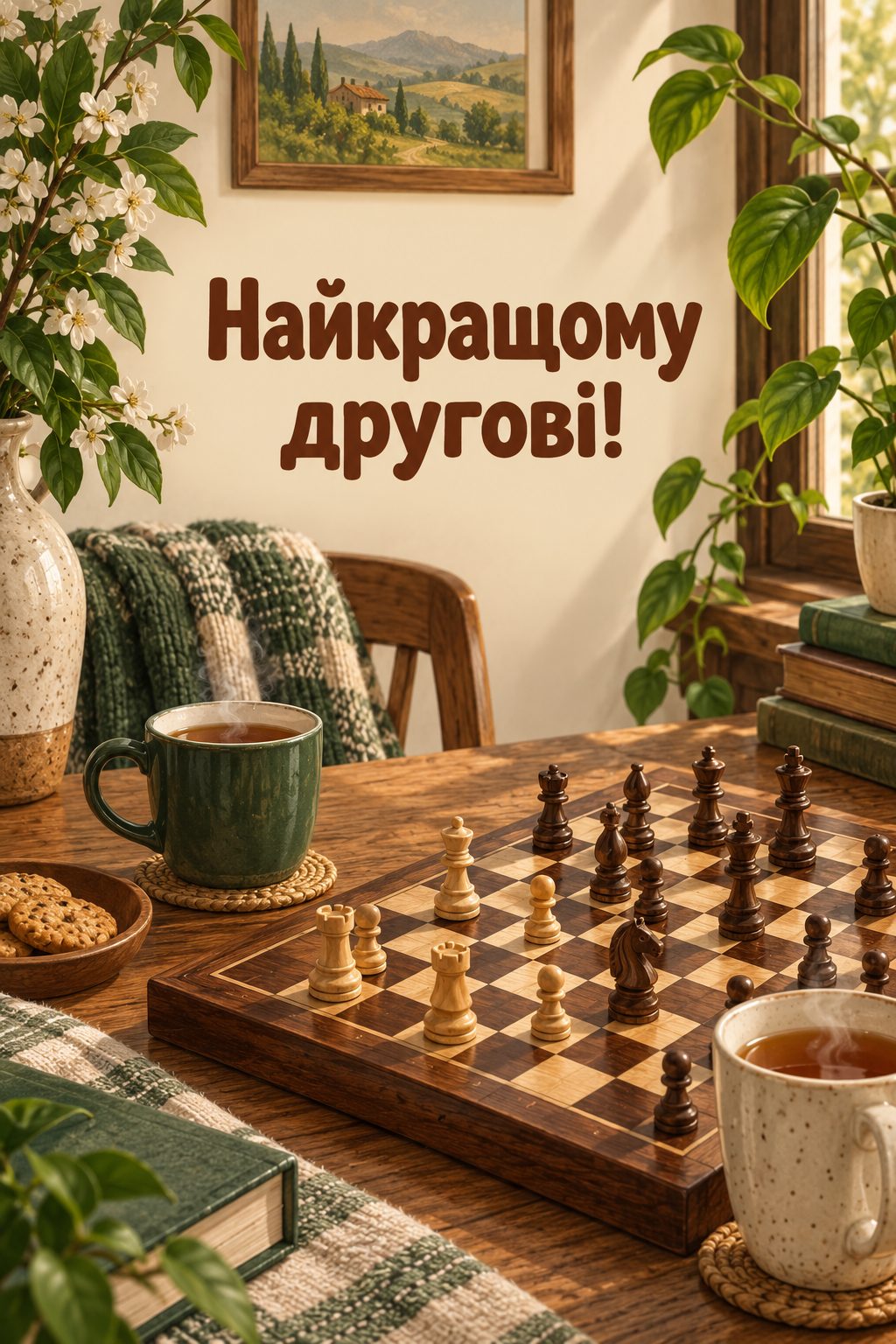Листівка з днем народження хлопцю: дві чашки чаю й шахівниця, напис «Найкращому другові!»