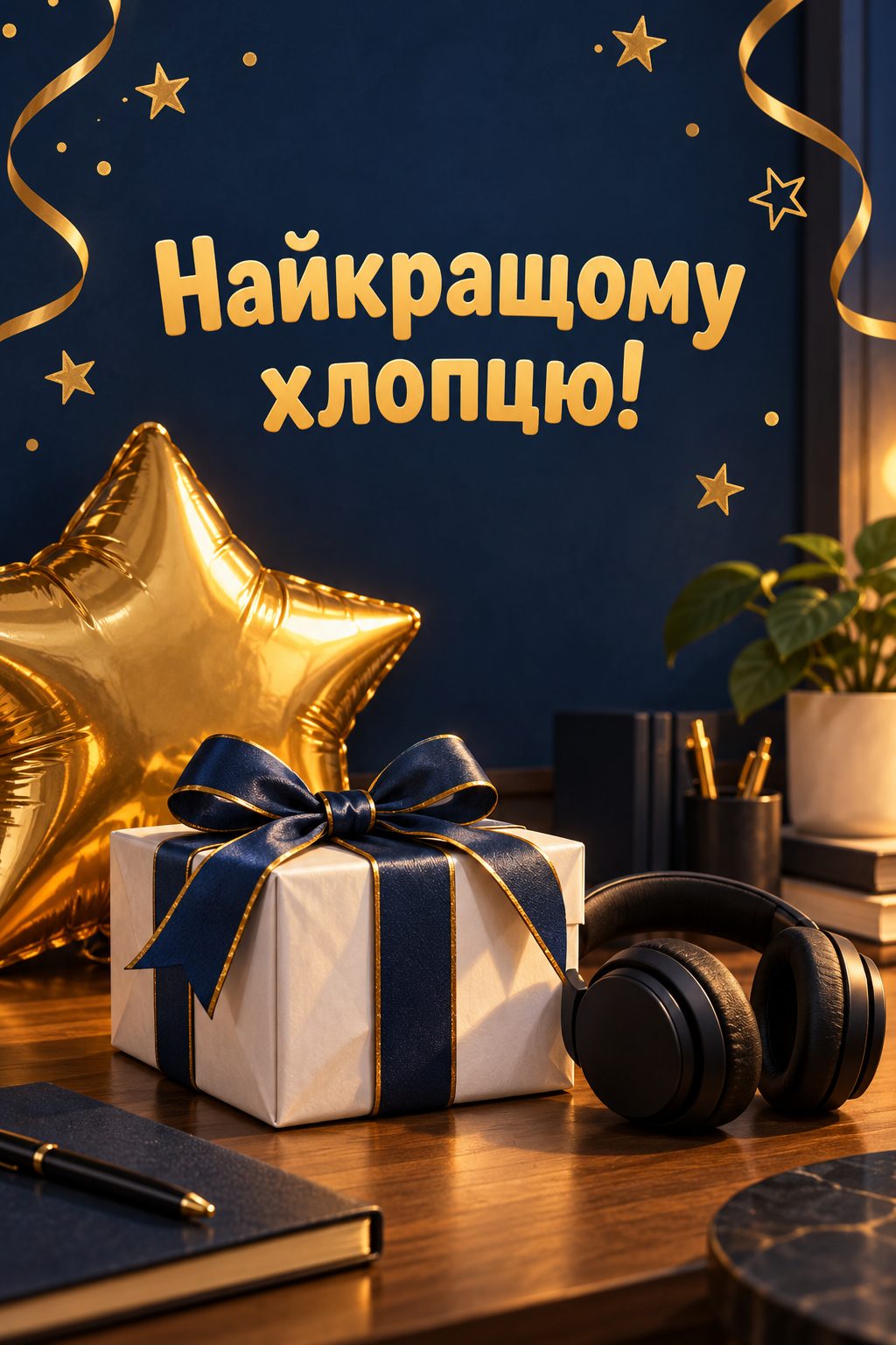 Листівка з днем народження хлопцю: золота кулька-зірка, подарунок і навушники, напис «Найкращому хлопцю!»