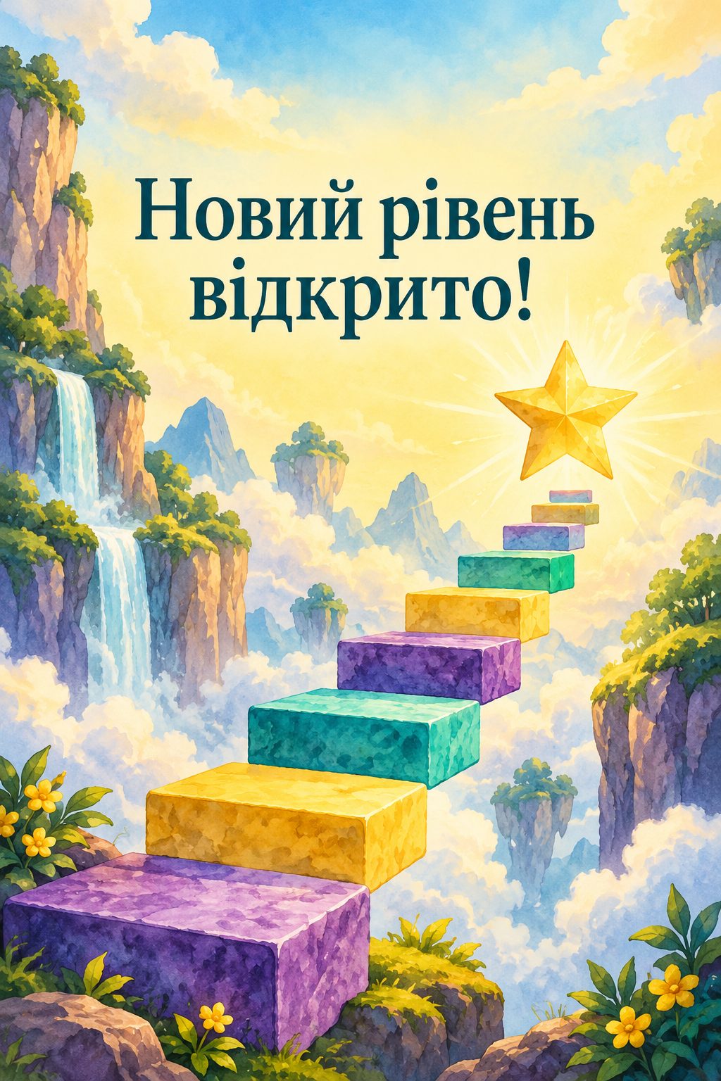 Листівка з днем народження хлопцю: сходи з кольорових блоків до золотої зірки, напис «Новий рівень відкрито!»