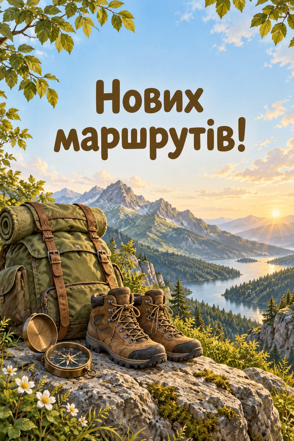 Листівка з днем народження хлопцю: рюкзак, туристичні черевики й компас на тлі гір, напис «Нових маршрутів!»