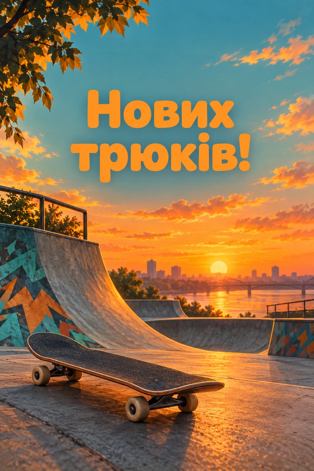 Листівка з днем народження хлопцю: скейтборд на рампі в скейт-парку на заході сонця, напис «Нових трюків!»