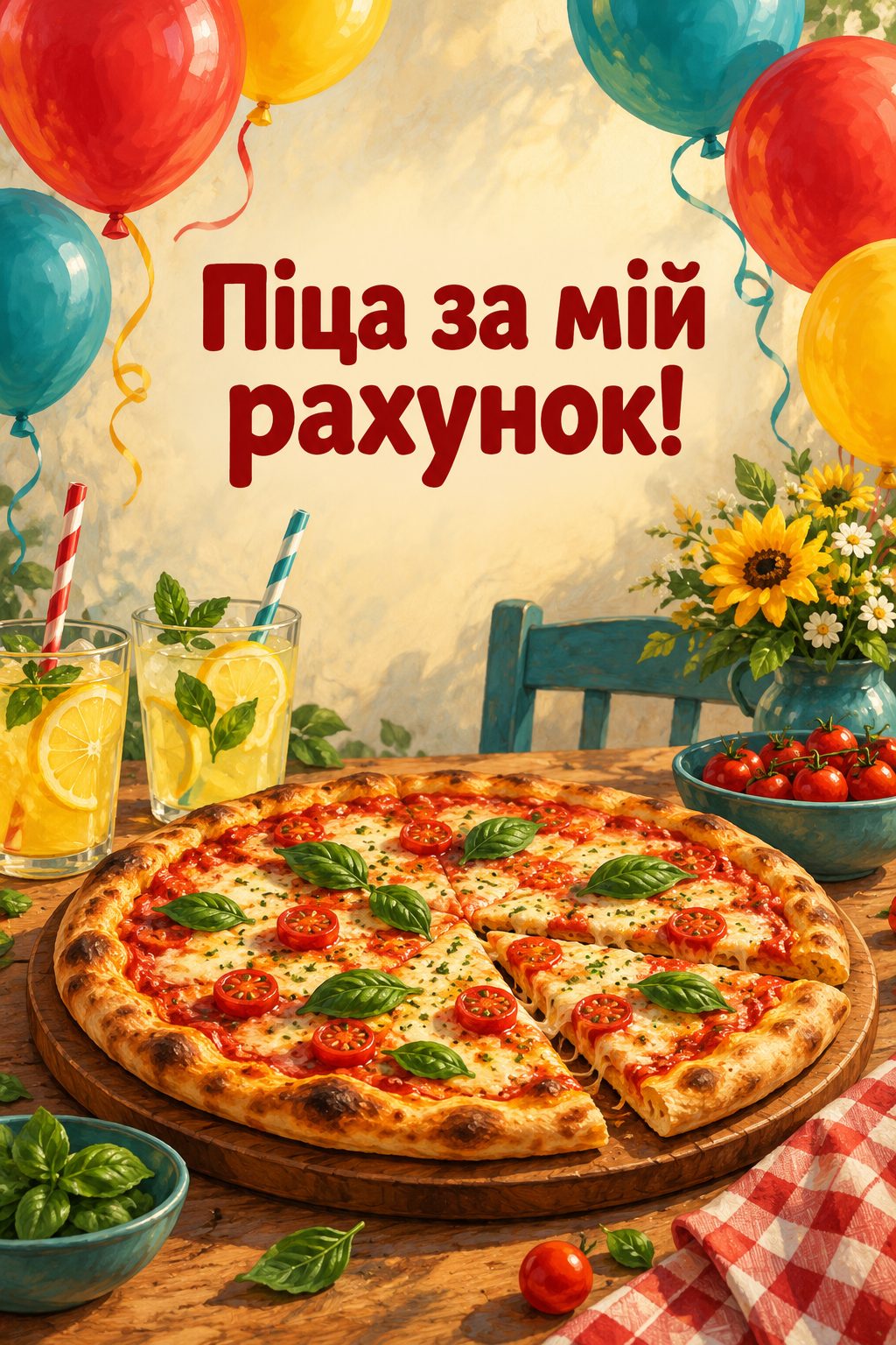 Листівка з днем народження хлопцю: велика піца, дві склянки лимонаду й кульки, напис «Піца за мій рахунок!»