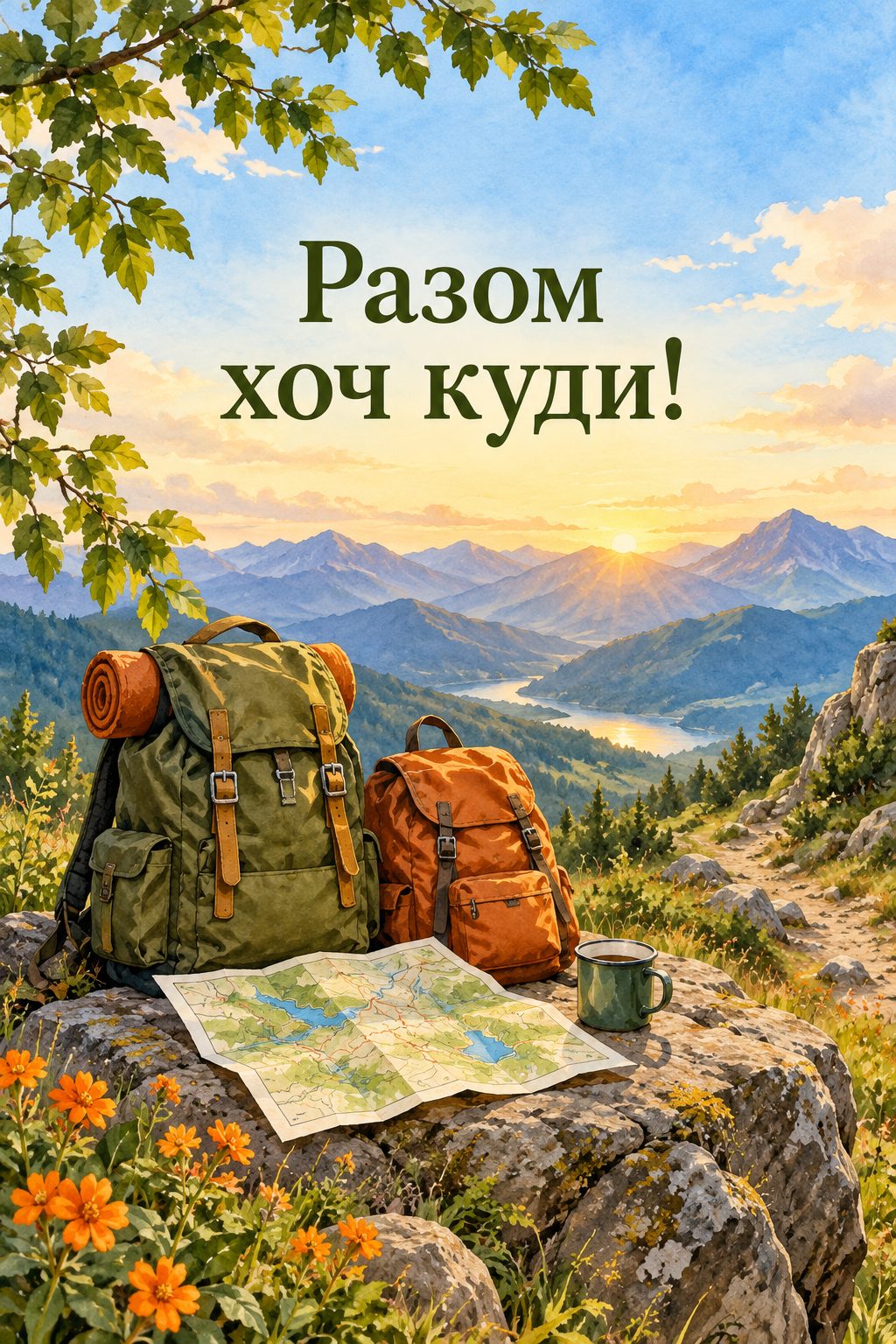 Листівка з днем народження хлопцю: два рюкзаки й мапа на гірській стежці, напис «Разом хоч куди!»