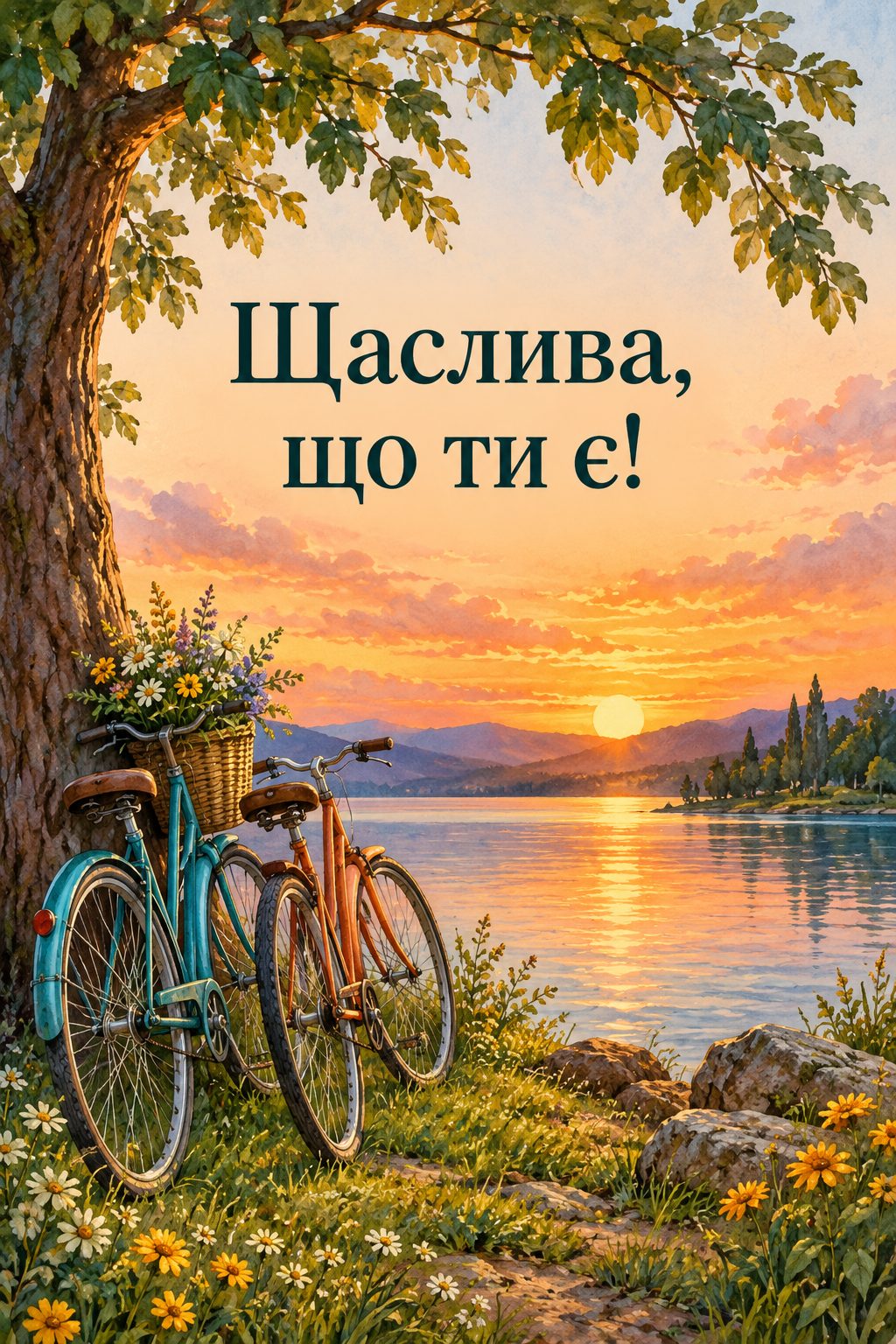 Листівка з днем народження хлопцю: два велосипеди біля дерева над озером, напис «Щаслива, що ти є!»