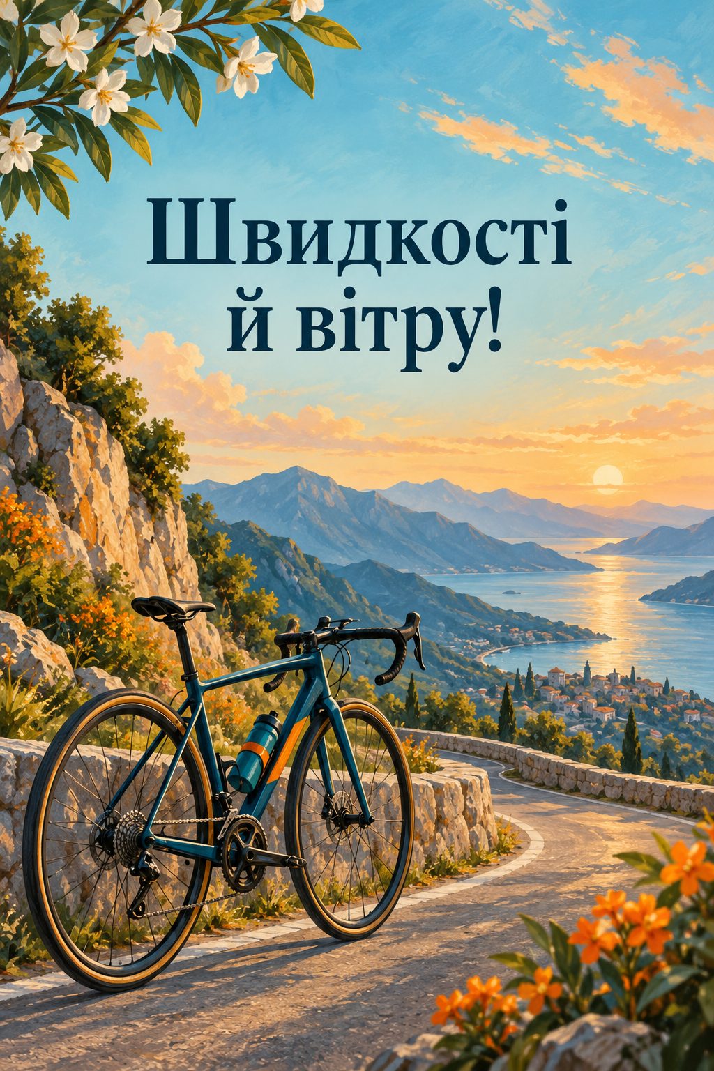Листівка з днем народження хлопцю: шосейний велосипед на гірській дорозі, напис «Швидкості й вітру!»
