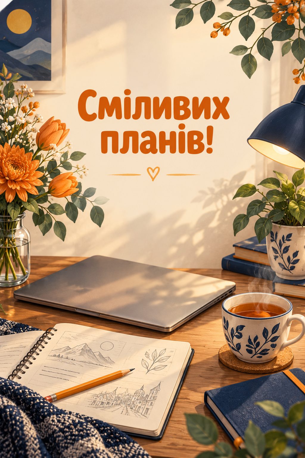 Листівка з днем народження хлопцю: ноутбук, блокнот з ескізами й чашка чаю, напис «Сміливих планів!»