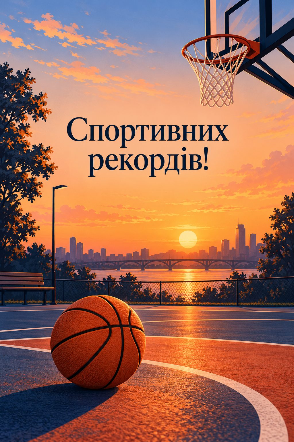 Листівка з днем народження хлопцю: баскетбольний м'яч на майданчику під кільцем, напис «Спортивних рекордів!»
