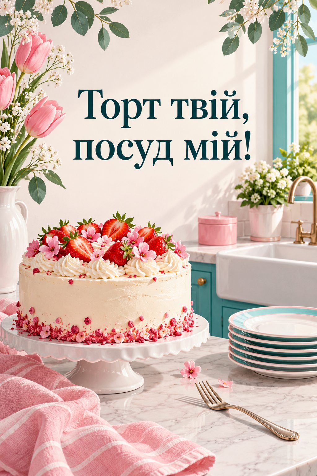 Листівка з днем народження хлопцю: торт із виделкою й стос тарілок біля мийки, напис «Торт твій, посуд мій!»