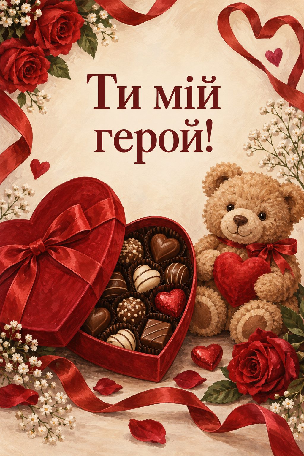 Листівка з днем народження хлопцю: коробка цукерок у формі серця й ведмедик із серцем, напис «Ти мій герой!»