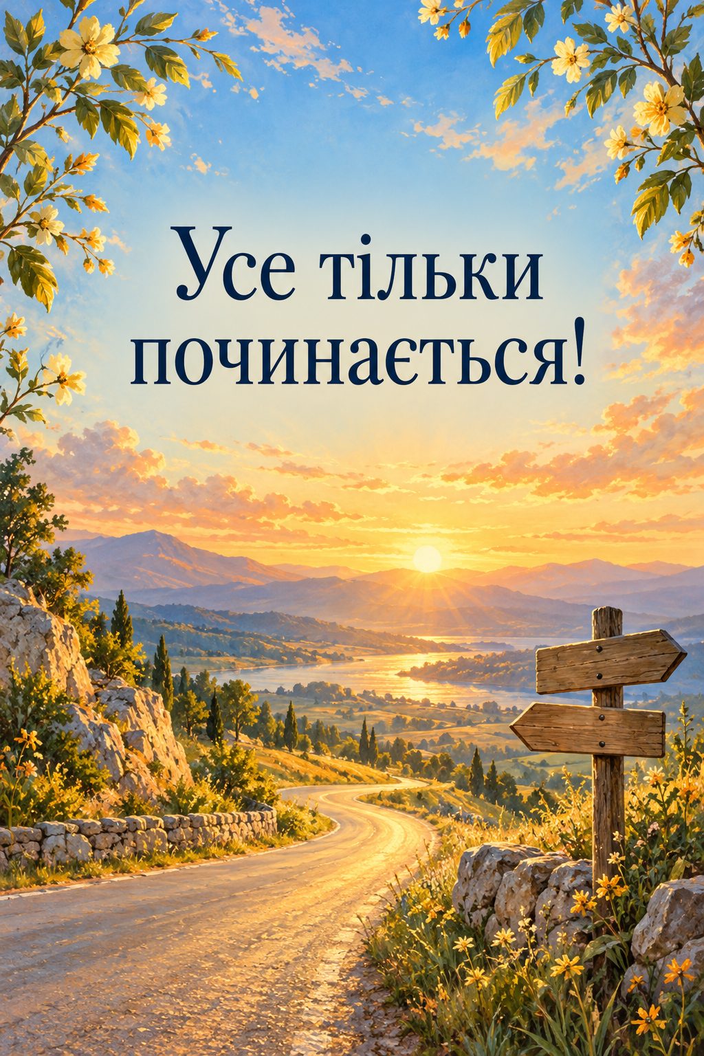 Листівка з днем народження хлопцю: дорога до обрію на світанку, напис «Усе тільки починається!»