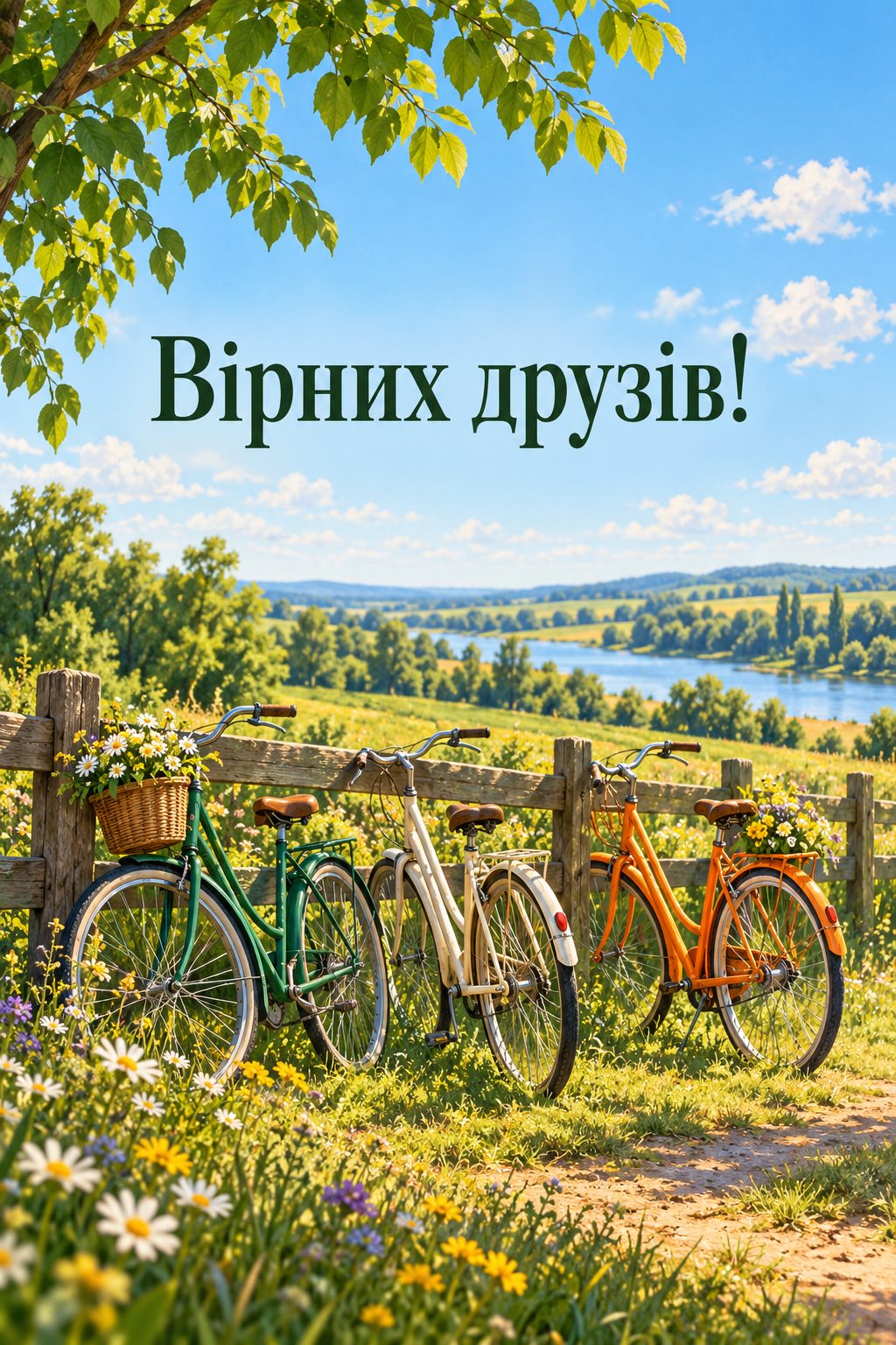 Листівка з днем народження хлопцю: три велосипеди біля паркану в полі, напис «Вірних друзів!»